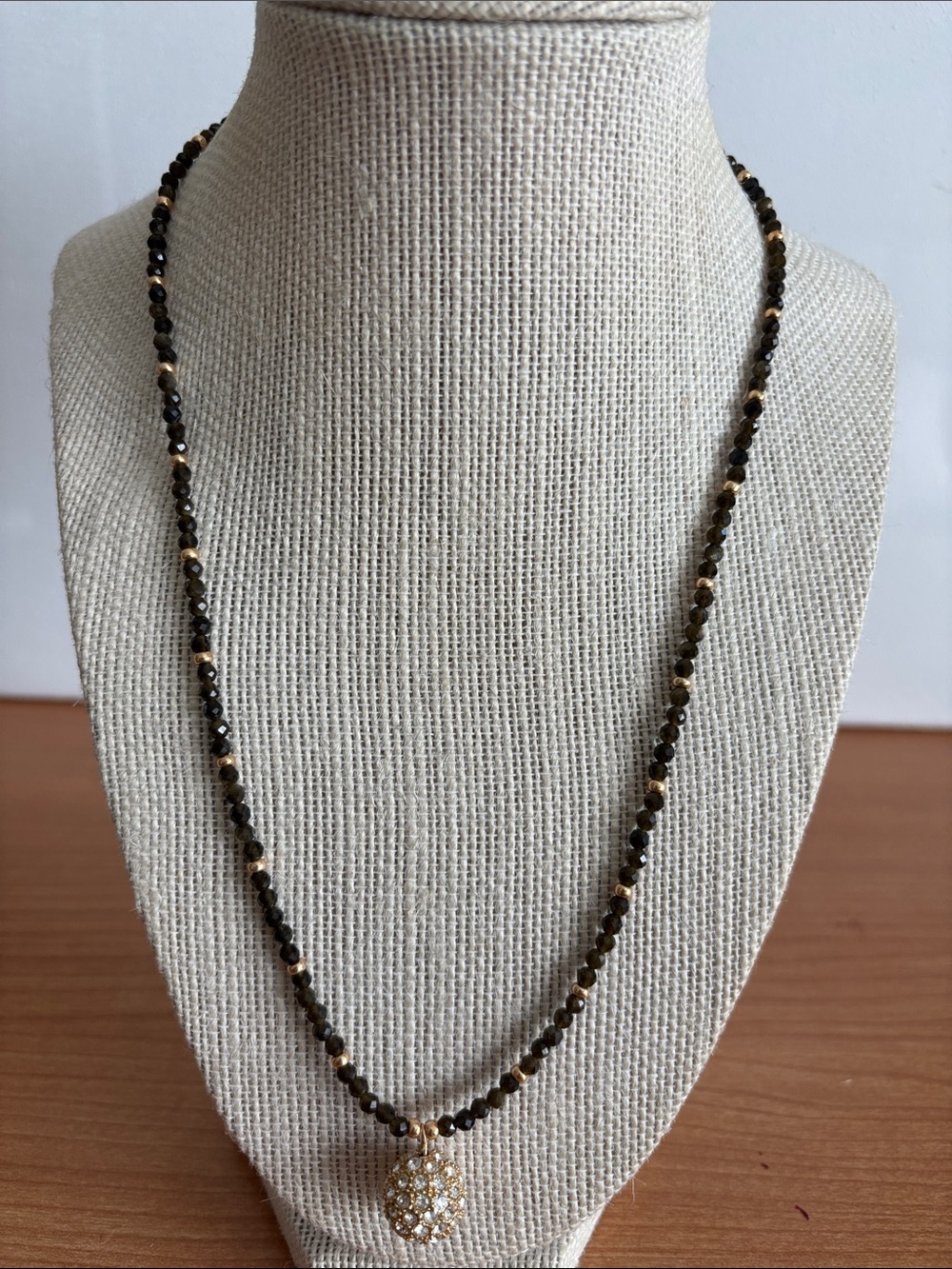 Gold and Black Beaded Necklace with Crystal Pavé Pendant